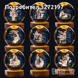 3D LED Светеща кристална топка/лампа,Лазерно гравирана, 3D сензорна сфера-зодия БЛИЗНАЦИ, снимка 2 - Настолни лампи - 48382309