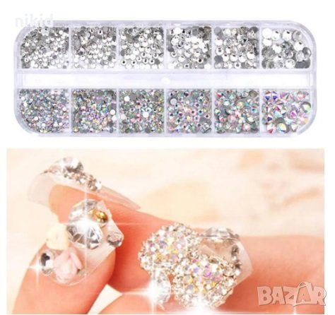 6 размера камъчета за нокти маникюр декорация сребристи и хамелеон в кутия, снимка 5 - Продукти за маникюр - 33860285