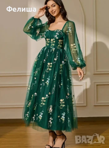 Луксозна Корсетна Бродирана Рокля в Изумрудено Кралско Зелен Цвят с Тюл и Богатство от Цветя , снимка 5 - Рокли - 50812085