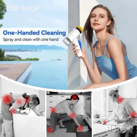 Електрически скрубер със спрей, IPX7 водоустойчива безжична четка за почистване с 5 сменяеми глави, снимка 2 - Други стоки за дома - 49545372