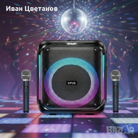 Караоке тонколона с Bluetooth, дистанционно управление и 2 безжични микрофона, 30W звук и LED 