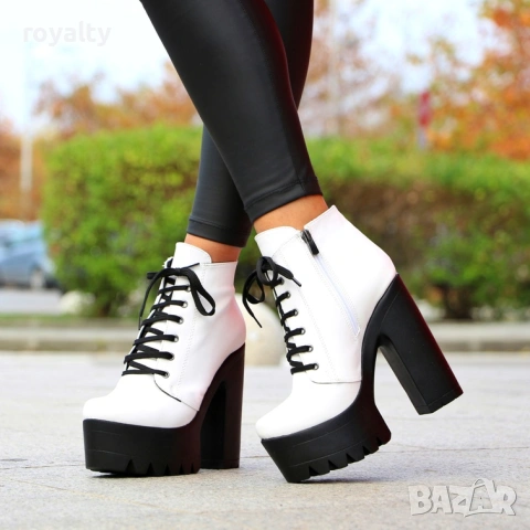 Боти на ток - бяла кожа с черно ходило