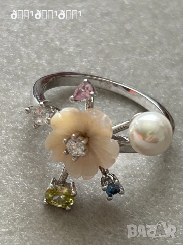 Луксозен сребърен пръстен със седефено цвете топази и перла , снимка 4 - Пръстени - 52835181
