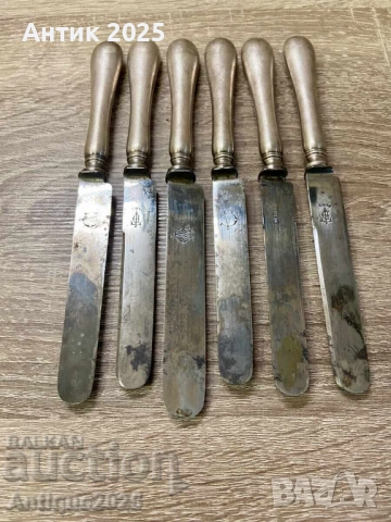 Комплект антикварни трапезни ножове (6 бр) с уникални клейма