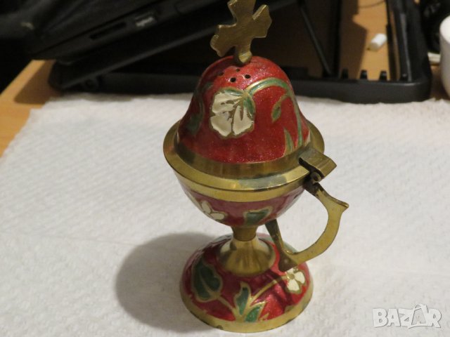 Старинно рисувано в изкрящо червено и на цветчета бронзово кадило, кандило тамянник 14см за параклис, снимка 8 - Антикварни и старинни предмети - 29772311