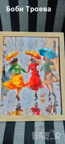 Ярки момичета с чадъри в дъждовен ден, 30 см.x 40 см Вертикална стенна декорация, снимка 2 - Картини - 51974843