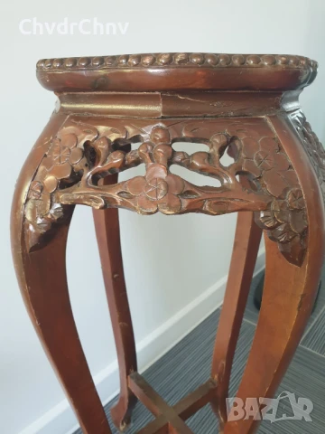 76см конзолна маса дърворезба-мрамор/дървена масичка-пиедестал-поставка за саксия, снимка 4 - Антикварни и старинни предмети - 51312062