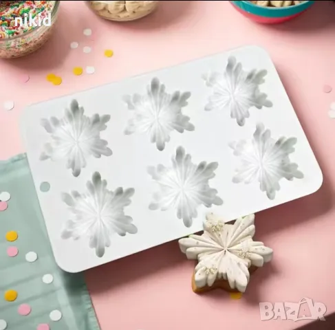 6 Красиви кристални снежинки снежинка силиконов молд форма шоколад гипс фондан декор, снимка 4 - Форми - 48155299