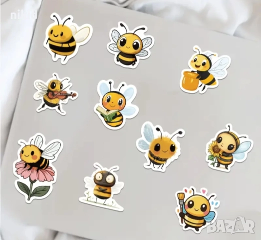 100 бр пчела пчели пчелички весели самозалепващи лепенки стикери за ръчна изработка за подарък, снимка 3 - Други - 52543587