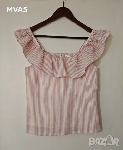 Нов дамски топ розово бял с деколте лодка и волани S размер