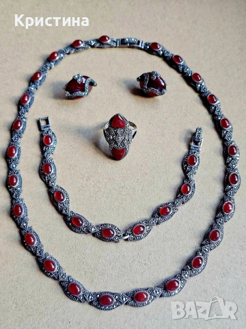 Винтидж сребърен комплект с Карнеол и марказити, снимка 12 - Колиета, медальони, синджири - 53905837