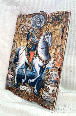 Реплика на икона Свети Мина на кон със светци 30/20 см - УНИКАТ, декупаж, 110 лв, снимка 3 - Икони - 37177568