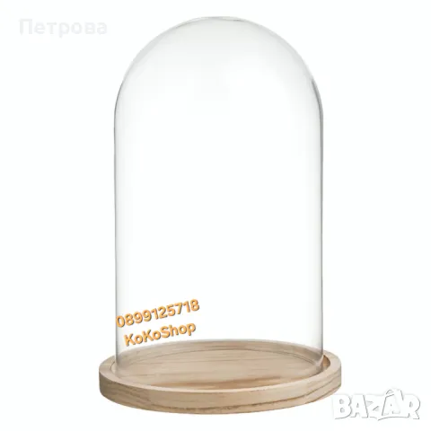 Стъклен купол-Ø 15 x 26 см./Стъклен декоративен купол с дървена основа Ø15x26см
