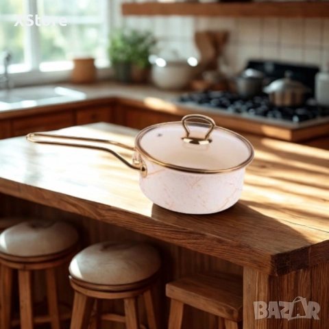 Касерола с капак Goldmann 16x8см. 1.5л./18x9см. 2л. Емайл. Индукция. Бял/Старо злато, снимка 5 - Съдове за готвене - 52507426