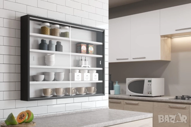 Стилна Витрина със Стъклени Врати Inter Link за Колекции и Миниатюри Черно-Бяла за Стена 80x60x9.5см, снимка 6 - Секции и витрини - 51978644