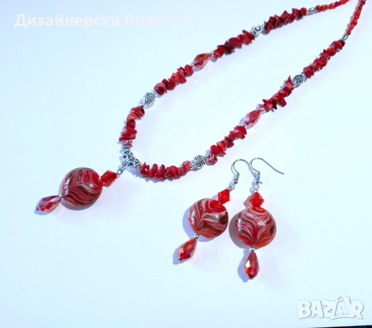 Прекрасен комплект бижута обеци и колие с червени Корали, кристали и ръчно изработени Мурано мъниста, снимка 12 - Бижутерийни комплекти - 42923968