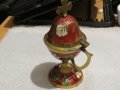 Старинно рисувано в изкрящо червено и на цветчета бронзово кадило, кандило тамянник 14см за параклис, снимка 8