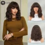 Къдрава кафява перука с кичури и бретон средна дължина, снимка 9