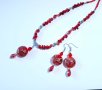 Прекрасен комплект бижута обеци и колие с червени Корали, кристали и ръчно изработени Мурано мъниста, снимка 12