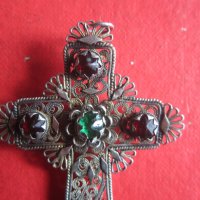 Уникален възрожденски сребърен кръст с камъни филигран, снимка 8 - Колекции - 35101811