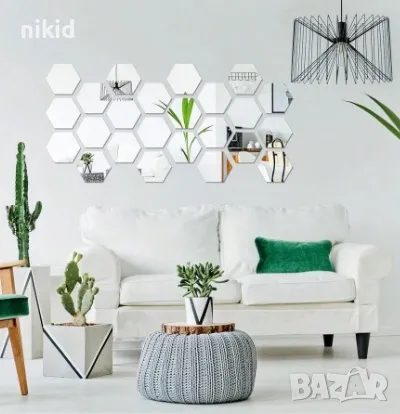 Шестоъгълник Hexagon огледални самозалепващи огледало декори декорация пластини фолио за стена баня , снимка 1