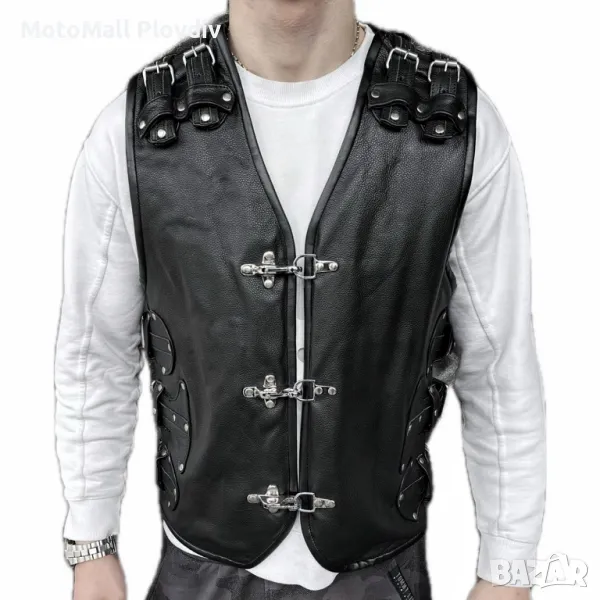 Кожен Елек MotoMall ROCK естествена кожа с катарами клубен черен от S до 8XL , снимка 1