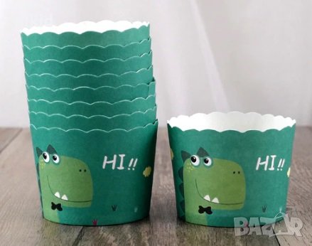 10 бр зелен Динозавър Картонени хартиени кошнички КъпкейК капсули поставки чашки за мъфини кексчета , снимка 1