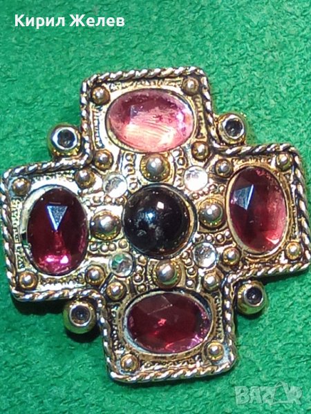 ПОЗЛАТЕНА СТАРА КРЪСТОВИДНА РЕТРО АРТ БРОШКА с ШЛИФОВАНИ ЦВЕТНИ КРИСТАЛИ 29501, снимка 1