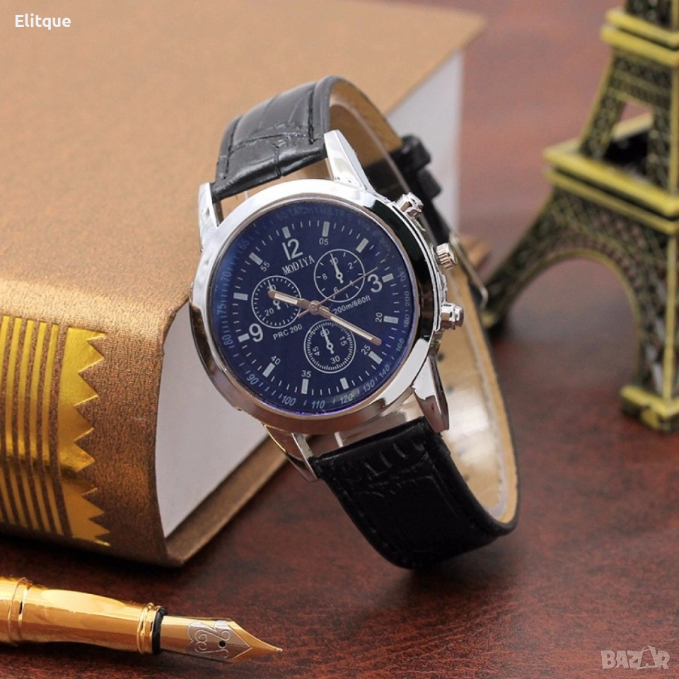 Елегантен мъжки кварцов часовник с к. каишка "черен и бял цифреблат", снимка 1