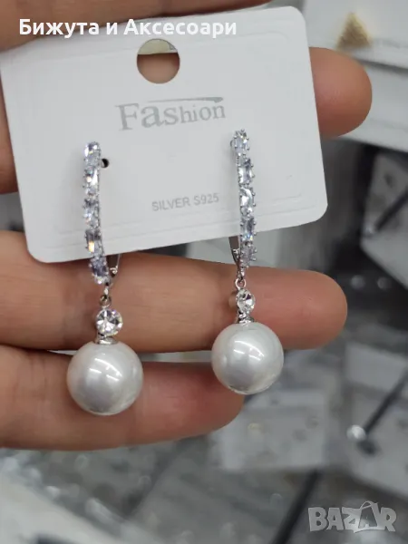 Обеци родий с перли и с кристали - 28425-21, снимка 1