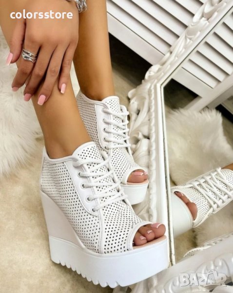 Летни боти на платформа - бяла кожа - K222, снимка 1
