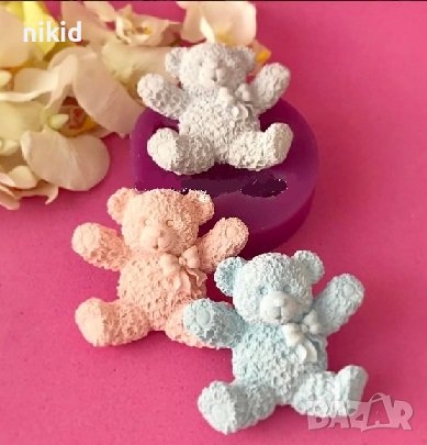 Усмихнато мече с панделка силиконов молд форма фондан шоколад гипс декор, снимка 1