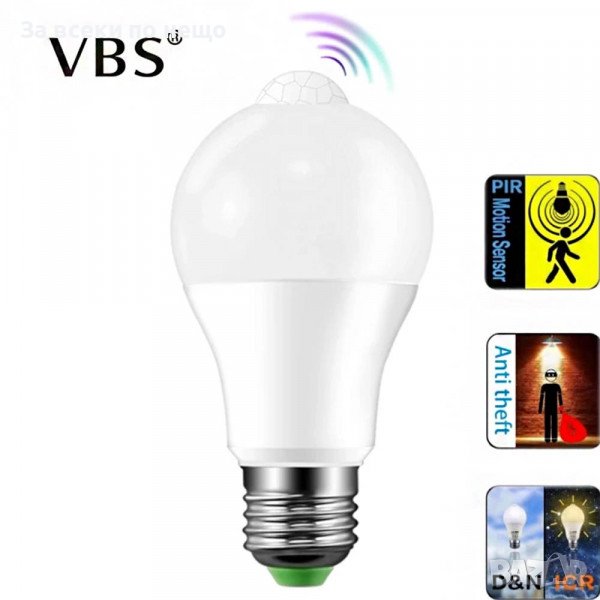12W LED крушка с датчик за движение, включва се сама при движение в тъмното, снимка 1