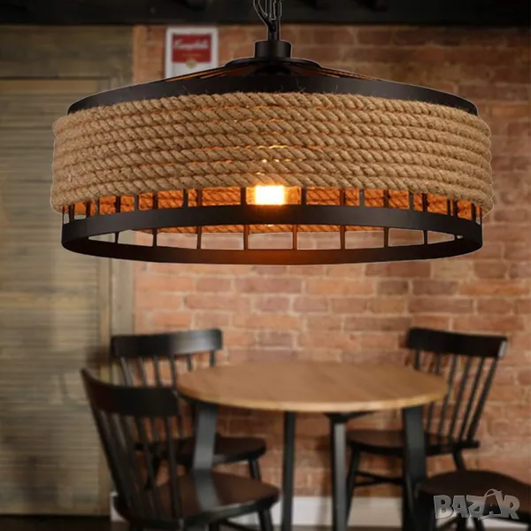 Конопено въже Индустриален стил Ретро лампа Висяща лампа Висящ тип Кръгла клетка Желязо E27 Полилей , снимка 1