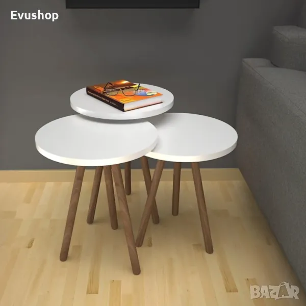  Комплект от 3 Кръгли Помощни Маси с Дървени Крака, снимка 1