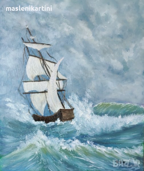 Кораб сред вълните маслена картина, снимка 1