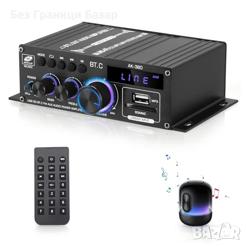 Нов аудио Bluetooth 5.0 стерео усилвател 40W+40W с LCD и дистанционно, снимка 1