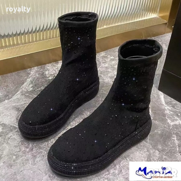 Черни дамски боти с камъни и ликра, снимка 1
