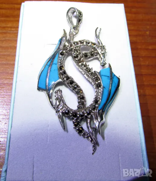 925 сребърно колие дракон с натурален тюркоаз, подходящ за подарък, снимка 1