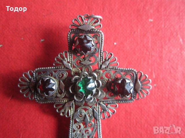 Уникален възрожденски сребърен кръст с камъни филигран, снимка 8 - Колекции - 35101811