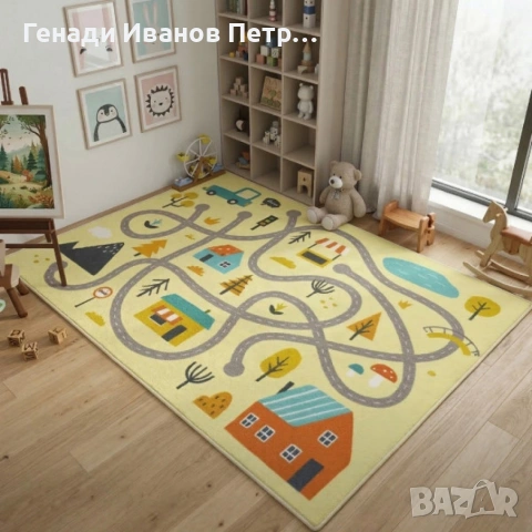 Детски килим за игра 120х160см - Светложълт килим с цветни къщички, противоплъзгащ и миещ се, снимка 4 - Други - 53875275