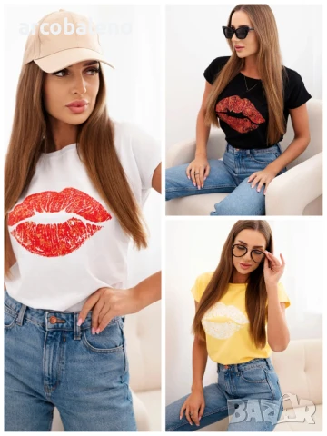 Дамска памучна блуза с къс ръкав и щампа на устни, 3цвята 