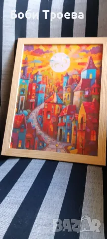 Ярка фантазийна селска сцена с цветни къщи и слънчев дизайн, снимка 3 - Картини - 50304290