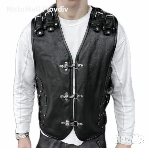 Кожен Елек MotoMall ROCK естествена кожа с катарами клубен черен от S до 8XL 