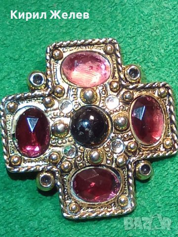 ПОЗЛАТЕНА СТАРА КРЪСТОВИДНА РЕТРО АРТ БРОШКА с ШЛИФОВАНИ ЦВЕТНИ КРИСТАЛИ 29501
