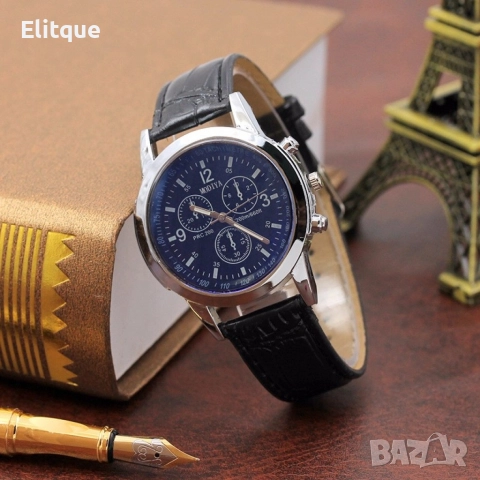 Елегантен мъжки кварцов часовник с к. каишка "черен и бял цифреблат"