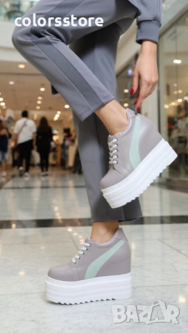 Кецове на платформа - сиви със зелена лента - SJN56 , снимка 2 - Кецове - 53983863