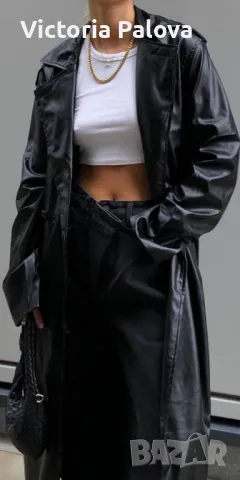 Дълъг черен кожен тренчкот,тренд, снимка 17 - Палта, манта - 32318250
