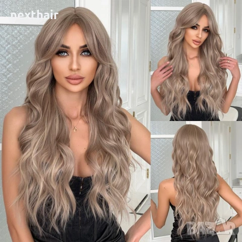 Тъмно руса вълнообразна синтетична перука – 60 см, снимка 2 - Аксесоари за коса - 53043040