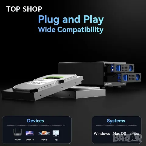 CENMATE 2 Bay RAID кутия с вентилатор за 2.5/3.5" SATA HDD/SSD, 40 ТВ, снимка 5 - Захранвания и кутии - 49444081